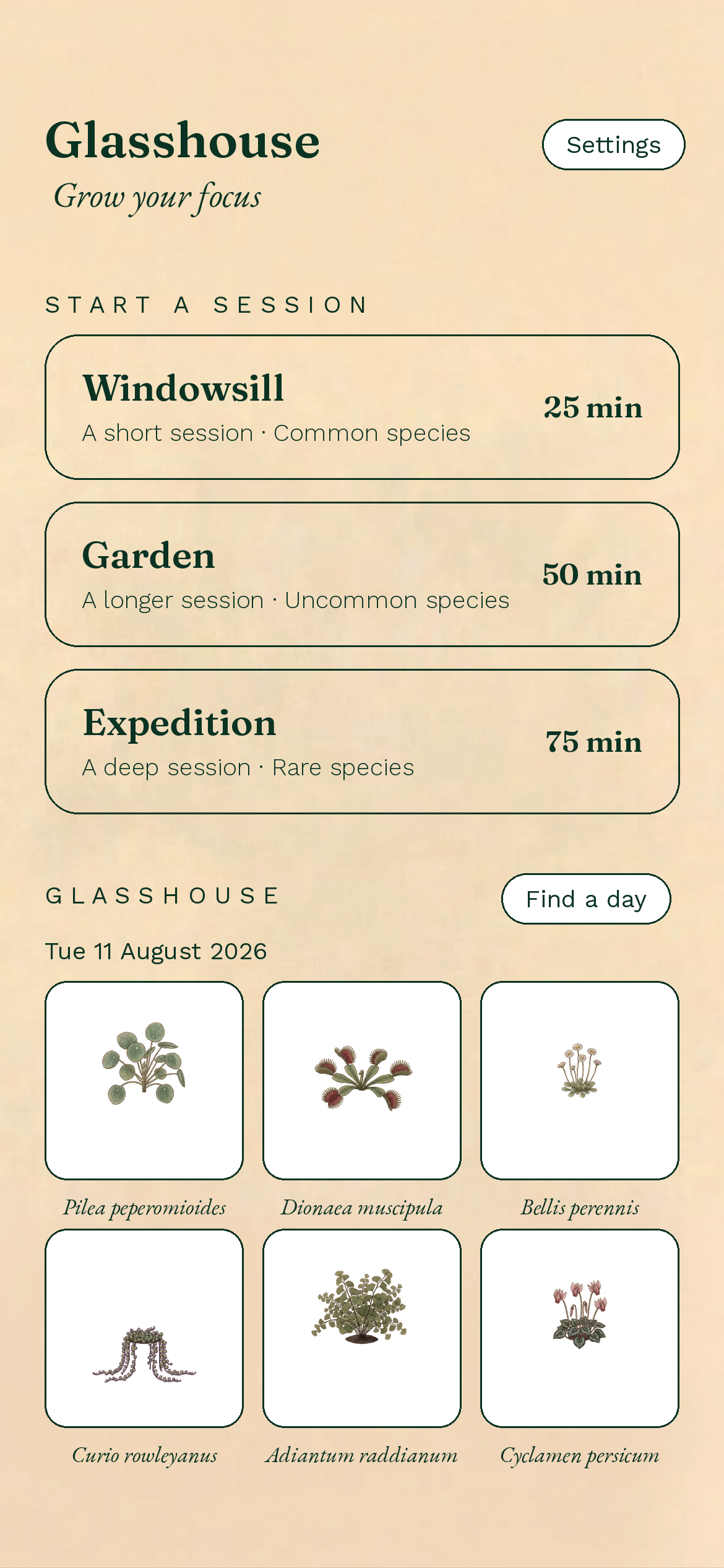 The Glasshouse home screen: three session lengths, Windowsill at 25 minutes, Garden at 50 and Expedition at 75, above a grid of collected plants.