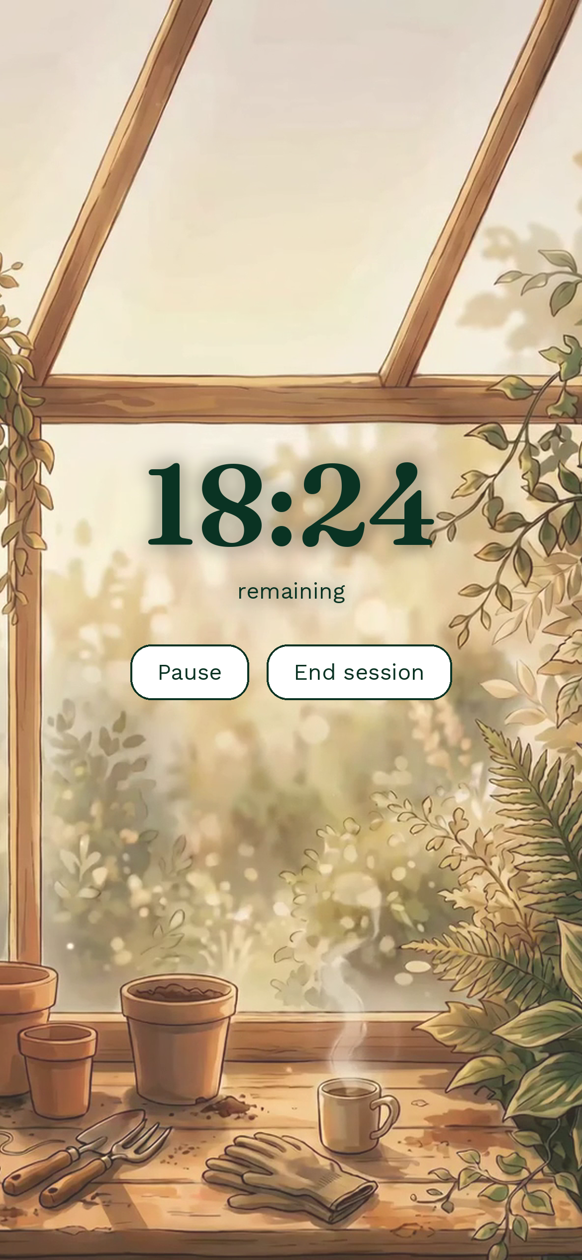 A session running: 18 minutes 24 seconds remaining, over a painting of a sunlit greenhouse, with Pause and End session.